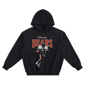 Walter Payton Chicago Bears Hoodie featuring “Chicago BEARS” text with a #34 running back carrying a football on a black hoodie.
