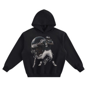 Donovan McNabb Big Face Hoodie graphic showing Donovan McNabb in an Eagles #5 uniform preparing to throw, layered over a large Eagles helmet close-up with signature detail on a black hoodie.