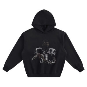 Randy Moss Hoodie with Patriots-style football portrait, number 81 jersey, “50” patch detail, and white signature on black