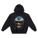 Jalen Hurts Big Face Hoodie graphic showing a close-up portrait of Jalen Hurts in an Eagles helmet with a dark visor and signature detail on a black hoodie.