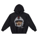 Josh Allen Big Face Hoodie graphic showing a close-up portrait of Josh Allen in a Buffalo Bills white helmet with a red-and-blue stripe and signature detail on a black hoodie.