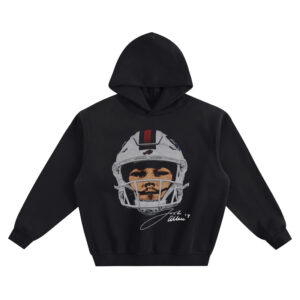 Josh Allen Big Face Hoodie graphic showing a close-up portrait of Josh Allen in a Buffalo Bills white helmet with a red-and-blue stripe and signature detail on a black hoodie.