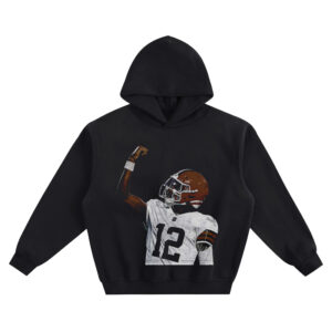Front: Shedeur Sanders Football Hoodie graphic showing Shedeur Sanders in an orange helmet raising his arm in celebration on a black hoodie.