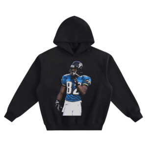 Jimmy Smith Jaguars 82 Hoodie graphic showing a full-body football action pose in a teal Jacksonville Jaguars #82 jersey with black helmet and white pants on a black hoodie.