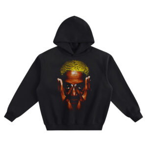 Dennis Rodman Big Face Hoodie graphic showing an intense close-up portrait of Dennis Rodman with blond hair and hands framing his eyes on a black hoodie.