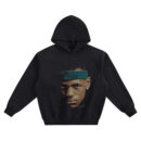 Young LeBron Big Face Hoodie graphic showing a close-up shadow portrait of a young LeBron wearing a teal headband with a small white signature mark on a black hoodie.