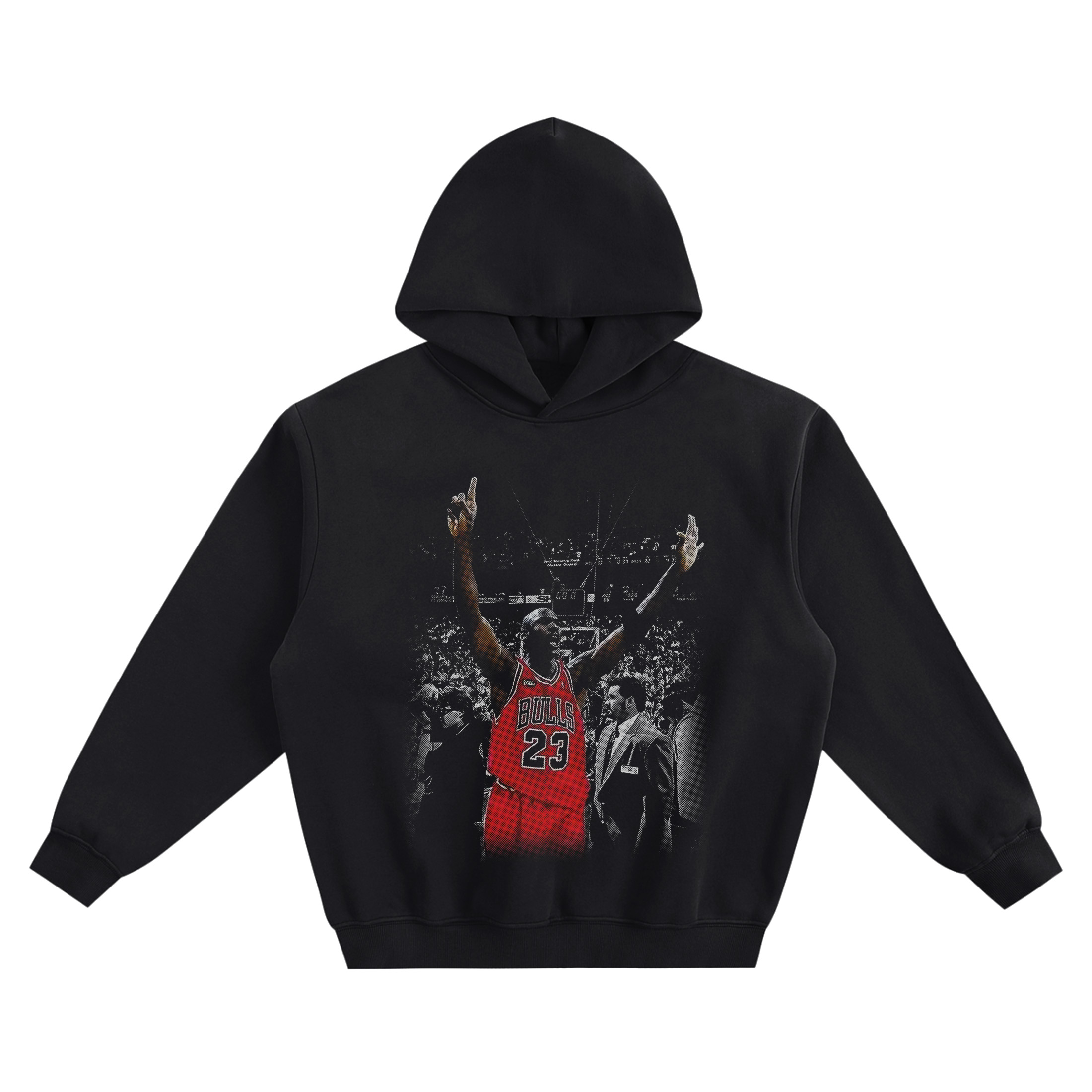 Michael Jordan Bulls 23 Hoodie graphic showing Michael Jordan in a red “BULLS” #23 jersey with both arms raised in a packed arena scene on a black hoodie.