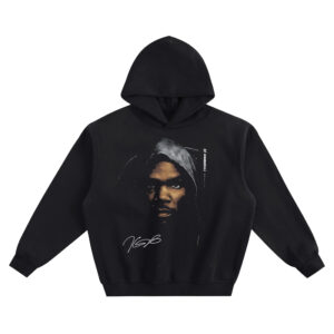 Kevin Durant Big Face Hoodie graphic showing a hooded close-up portrait of Kevin Durant in deep shadow with a “KDB” signature mark on a black hoodie.