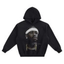 Allen Iverson Big Face Hoodie graphic showing a close-up portrait of Allen Iverson wearing a white headband and braids with a stud earring, a thin stick at the mouth, a gold chain, and a signature-style mark on a black hoodie.