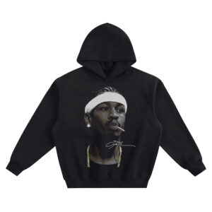 Allen Iverson Big Face Hoodie graphic showing a close-up portrait of Allen Iverson wearing a white headband and braids with a stud earring, a thin stick at the mouth, a gold chain, and a signature-style mark on a black hoodie.