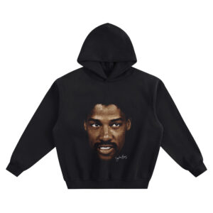 Julius Erving Big Face Hoodie graphic showing a centered close-up portrait of Julius Erving with warm tones and a small white signature on a black hoodie.