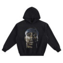 The Answer Big Face Hoodie graphic showing a centered close-up portrait of Allen Iverson wearing a blue headband with earring and neck tattoo detail on a black hoodie.