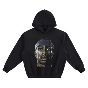 The Answer Big Face Hoodie graphic showing a centered close-up portrait of Allen Iverson wearing a blue headband with earring and neck tattoo detail on a black hoodie.