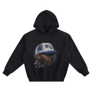 Penny Hardaway Big Face Hoodie graphic showing a side-profile close-up portrait of Penny Hardaway in a white-and-blue “MAGIC” cap with a large white signature on a black hoodie.