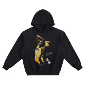 Kobe Bryant Dunk Hoodie graphic showing Kobe Bryant in a gold Los Angeles Lakers #8 jersey mid-air with the basketball raised for a slam and a signature-style mark on a black hoodie.