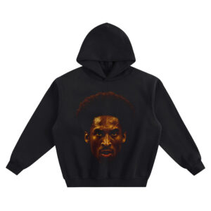Kobe Bryant Afro Big Face Hoodie graphic showing a close-up front-facing portrait of Kobe Bryant with a full afro silhouette and intense expression on a black hoodie.