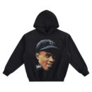 Front: Jackie Robinson Big Face Hoodie graphic showing a close-up portrait of Jackie Robinson in a dark baseball cap with a crown emblem and signature detail on a black hoodie.