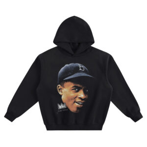 Front: Jackie Robinson Big Face Hoodie graphic showing a close-up portrait of Jackie Robinson in a dark baseball cap with a crown emblem and signature detail on a black hoodie.