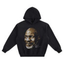 Front: Mike Tyson Big Face Hoodie graphic showing a gold-toned close-up portrait of Mike Tyson with a signature detail on a black hoodie.