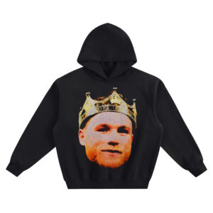 Canelo Alvarez Big Face Hoodie graphic showing a close-up portrait of Canelo Alvarez wearing a gold crown that reads KING on a black hoodie.
