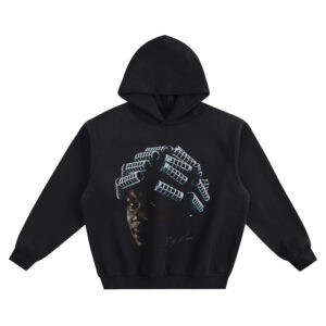 Big Worm Big Face Hoodie featuring a shadowy close-up portrait with bright blue hair curlers and a “Big Worm” signature on a black hoodie.