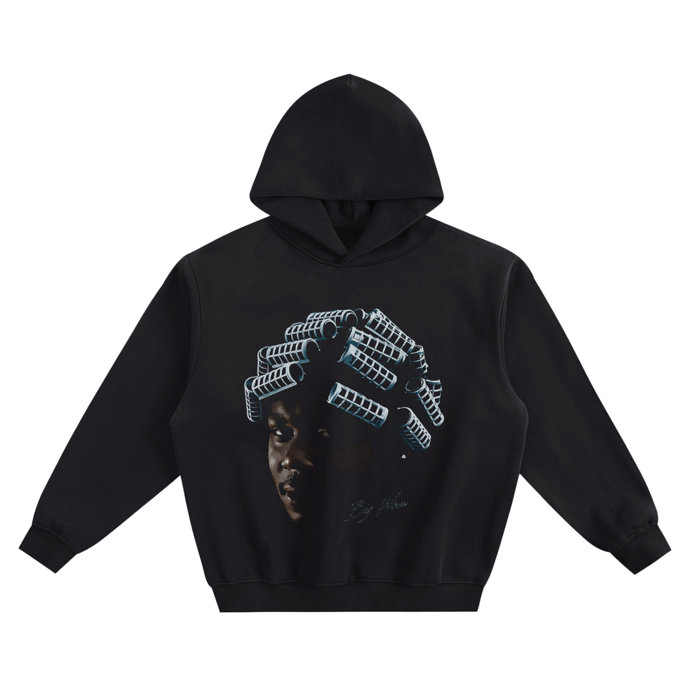 Big Worm Big Face Hoodie featuring a shadowy close-up portrait with bright blue hair curlers and a “Big Worm” signature on a black hoodie.