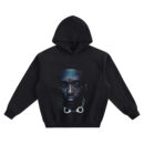 Lil Uzi Vert Big Face Hoodie graphic showing a close-up portrait with face tattoos, nose ring, “Lil Uzi Vert” signature, and white handcuffs chain detail on a black hoodie.