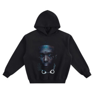 Lil Uzi Vert Big Face Hoodie graphic showing a close-up portrait with face tattoos, nose ring, “Lil Uzi Vert” signature, and white handcuffs chain detail on a black hoodie.