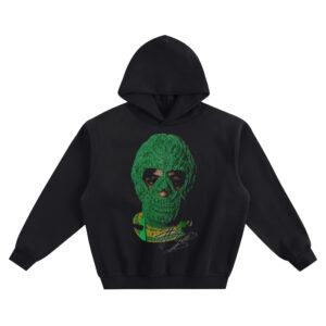 NBA YoungBoy MASA Mask Big Face Hoodie graphic showing a centered close-up portrait in a bright green knitted ski mask with eye cutouts and a silver signature detail on a black hoodie.