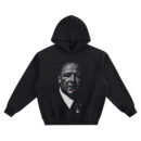 Tony Soprano Big Face Hoodie graphic showing a black-and-white close-up portrait in a suit and tie with a lit cigar featuring a glowing orange ember on a black hoodie.