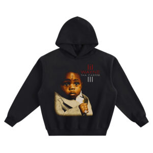 Lil Wayne Tha Carter III Hoodie graphic showing a baby portrait with small face markings, suit jacket, ring detail, and “lil WAYNE THA CARTER III” text on a black hoodie.
