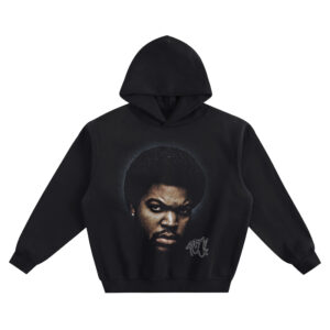 Ice Cube Big Face Hoodie graphic showing a close-up portrait with afro, intense expression, cool halo glow, and a signature mark on a black hoodie.
