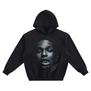 ASAP Rocky Grills Big Face Hoodie graphic showing a black-and-white close-up portrait with a gold grill detail and a stylized “ASAP” signature on a black hoodie.