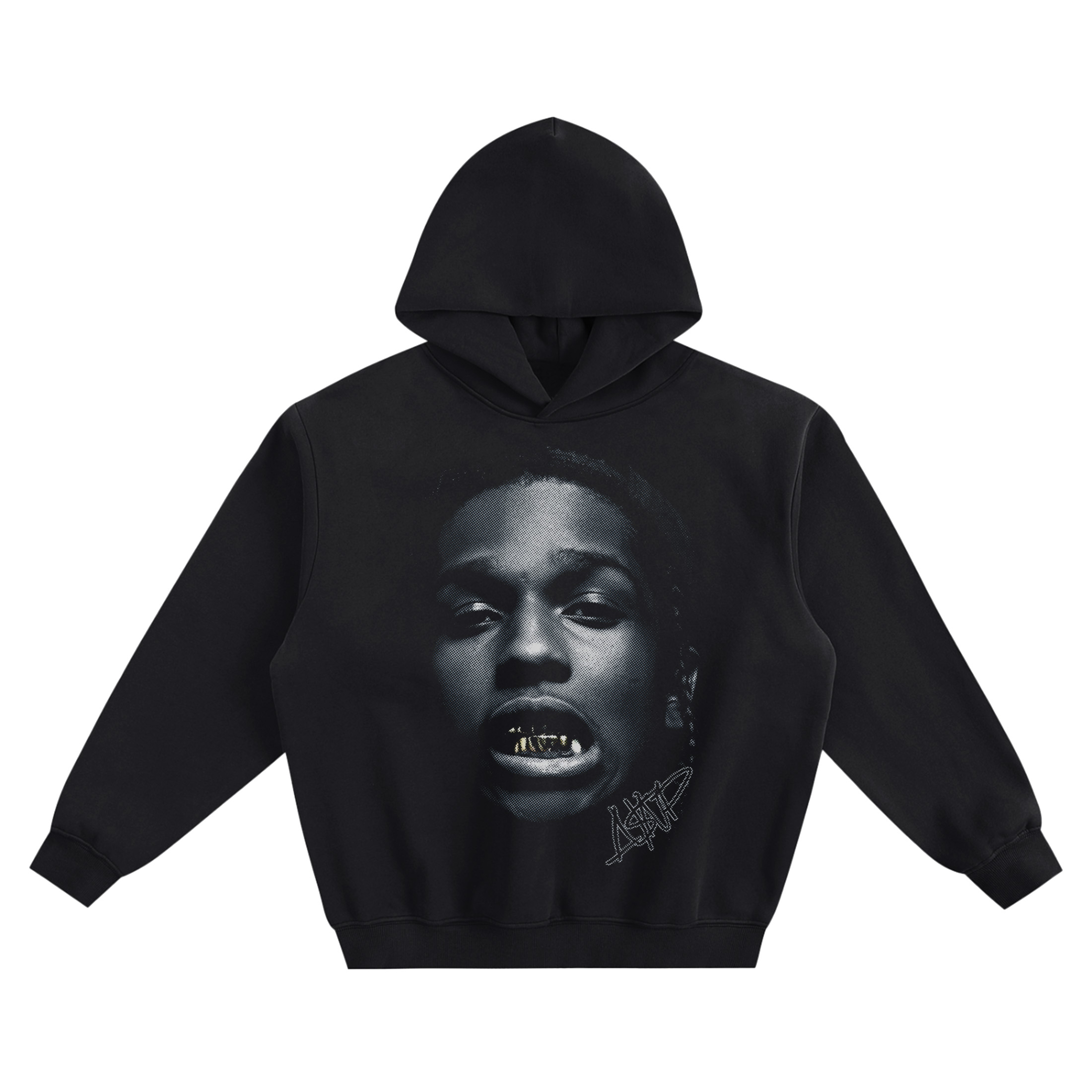 ASAP Rocky Grills Big Face Hoodie graphic showing a black-and-white close-up portrait with a gold grill detail and a stylized “ASAP” signature on a black hoodie.