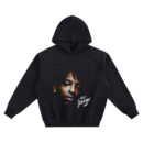 21 Savage Big Face Hoodie graphic showing a close-up shadow portrait of 21 Savage with a forehead tattoo, diamond stud earring, and white “21 Savage” script on a black hoodie.