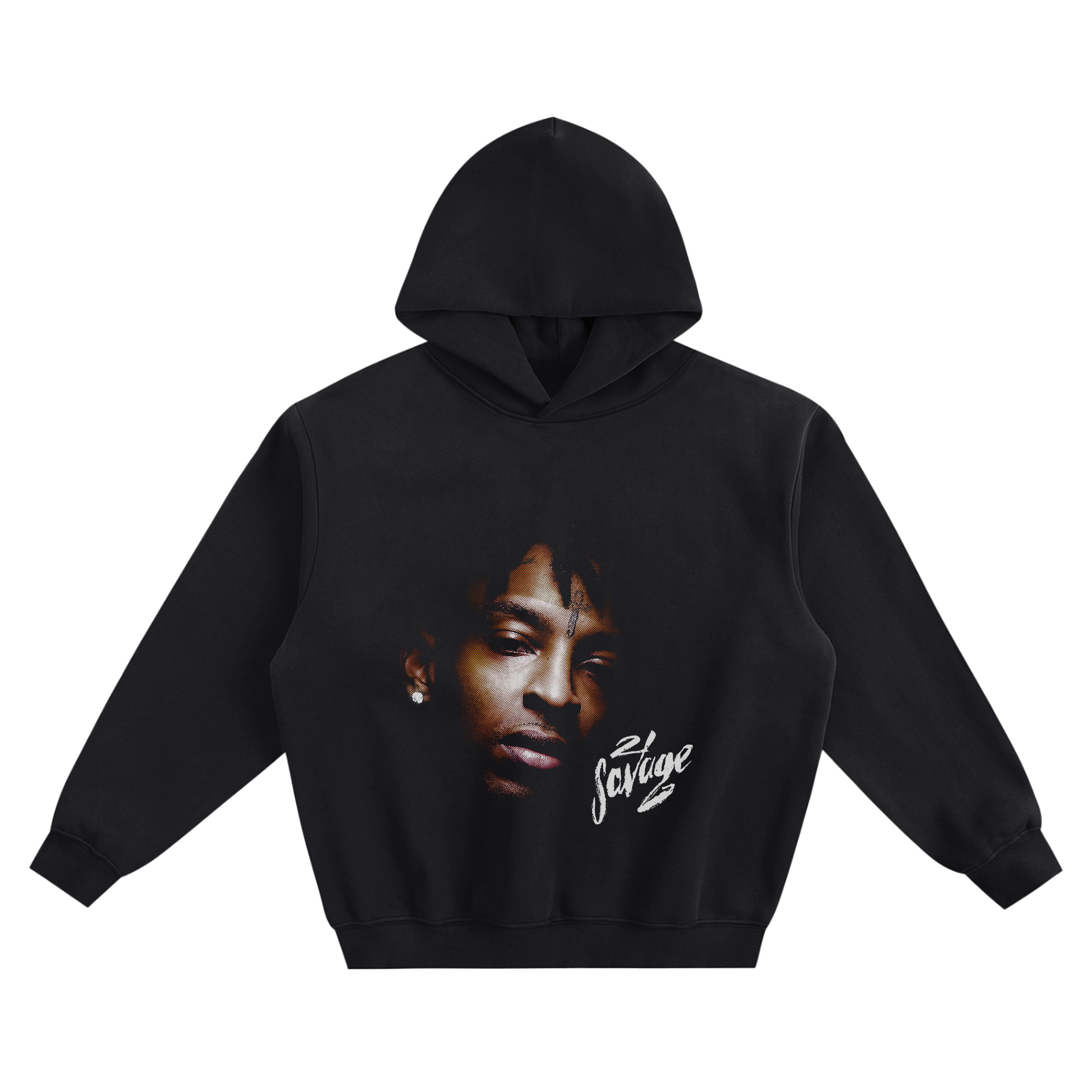 21 Savage Big Face Hoodie graphic showing a close-up shadow portrait of 21 Savage with a forehead tattoo, diamond stud earring, and white “21 Savage” script on a black hoodie.