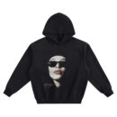 Aaliyah Big Face Hoodie graphic showing a close-up portrait of Aaliyah wearing black sunglasses with a white signature detail on a black hoodie.