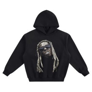 Lil Wayne Sunglasses Big Face Hoodie graphic showing a close-up portrait of Lil Wayne with blonde dreadlocks, oversized dark sunglasses, visible face markings, and an open-mouth expression on a black hoodie.