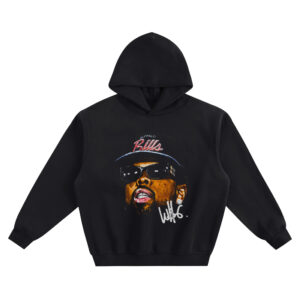 Westside Gunn Big Face Hoodie graphic showing a close-up portrait with oversized sunglasses, a Buffalo Bills cap with “Buffalo” text, and a white signature-style tag on a black hoodie.