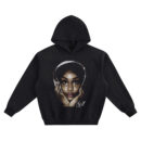 SZA Big Face Hoodie graphic showing a close-up portrait inside a space-helmet frame with hands on the cheeks, face lettering detail, and SZA signature on a black hoodie.