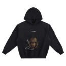 Rihanna Big Face Hoodie graphic showing an intense close-up portrait with a high ponytail, face-framing strands, subtle red accents, and a Rihanna signature on a black hoodie.