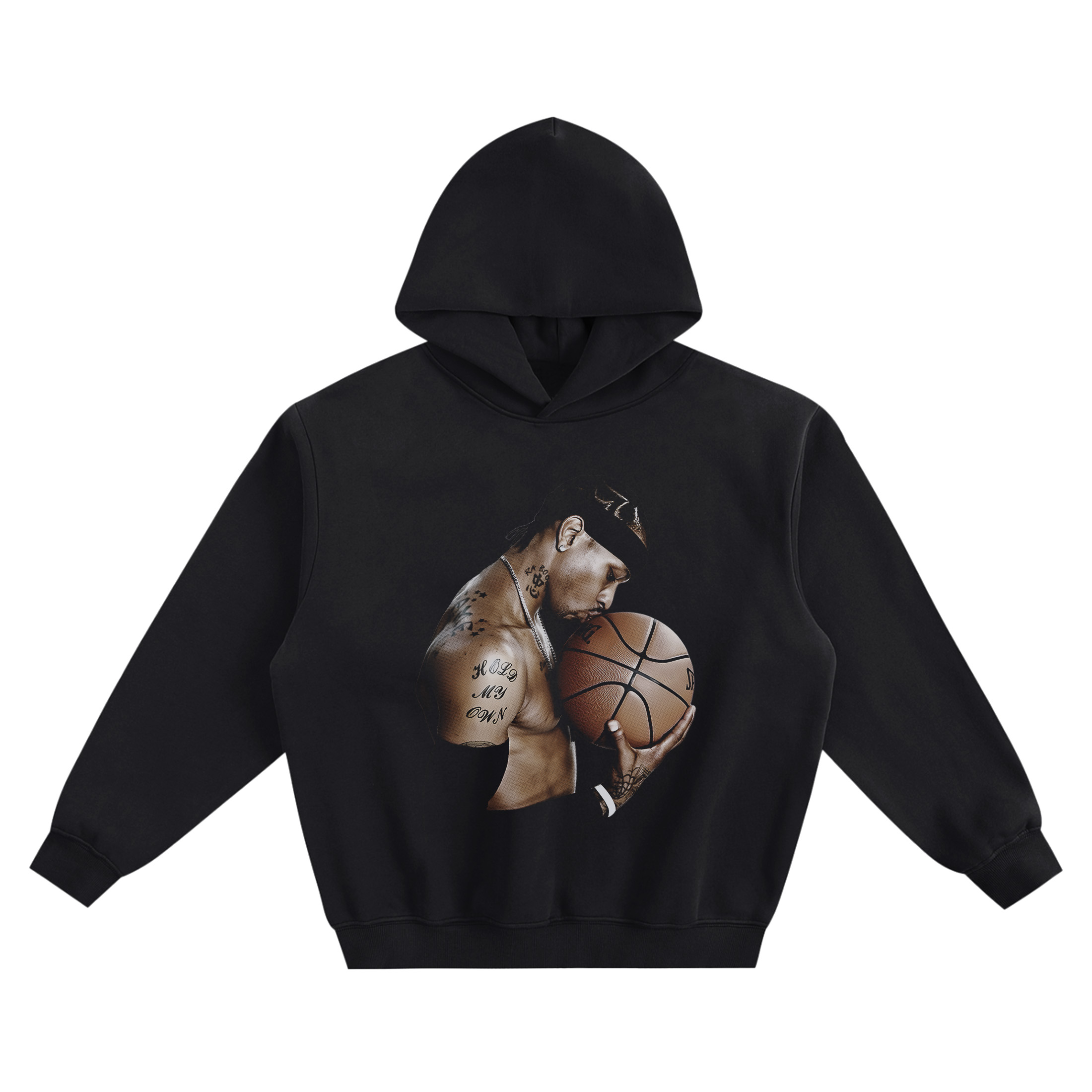 Allen Iverson Portrait Hoodie graphic showing a side-profile portrait of Allen Iverson holding a basketball to his mouth with a black headband, chain detail, and visible “HOLD MY OWN” tattoo on a black hoodie.