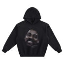 Dr. J Big Face Hoodie graphic showing a close-up smiling portrait of Julius Erving with a white signature-style mark beneath the face on a black hoodie.