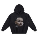 Stephen Curry Big Face Hoodie graphic showing a centered close-up portrait of Stephen Curry with a white mouthguard and “Curry 30” signature detail on a black hoodie.