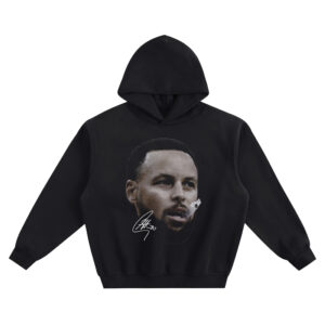 Stephen Curry Big Face Hoodie graphic showing a centered close-up portrait of Stephen Curry with a white mouthguard and “Curry 30” signature detail on a black hoodie.