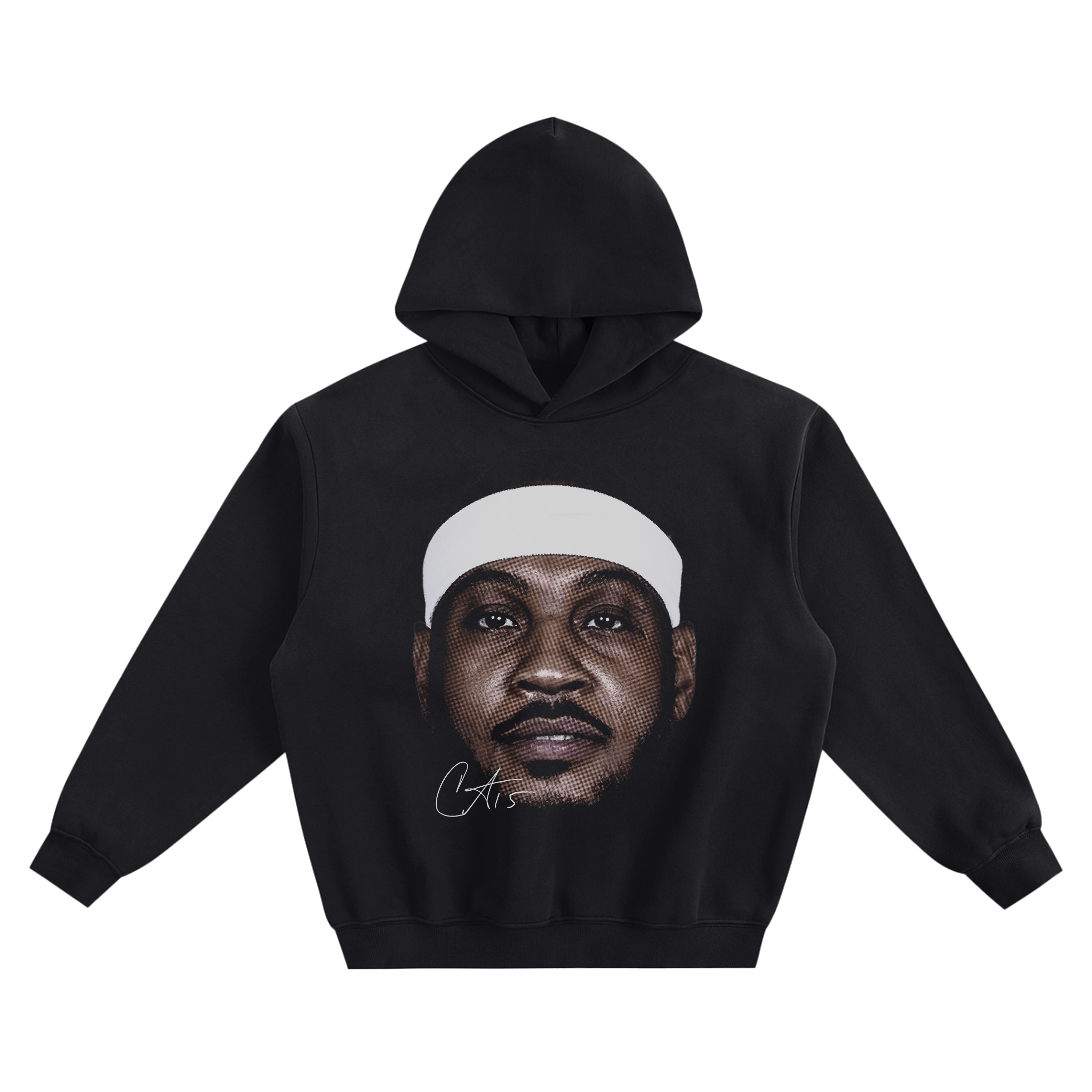 Carmelo Anthony White Headband Big Face Hoodie graphic showing a centered head-on portrait with a bright white headband, trimmed facial hair, and a “CA” signature mark on a black hoodie.