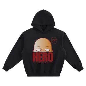 Saitama Graphic Hoodie – OK Speech Bubble & HERO Lettering showing his deadpan eyes peeking above bold HERO text, an “OK” bubble, and Japanese lettering.
