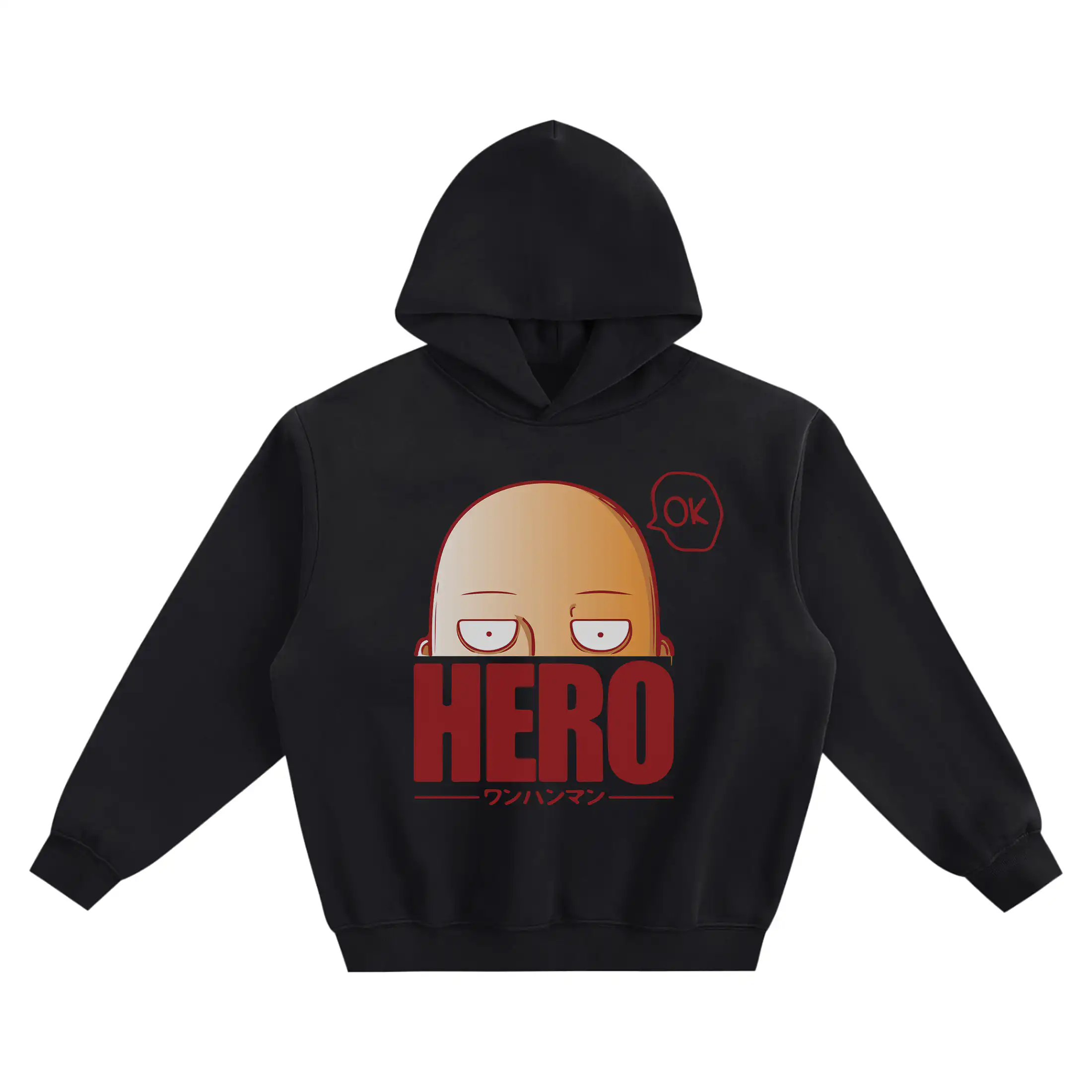 Saitama Graphic Hoodie – OK Speech Bubble & HERO Lettering showing his deadpan eyes peeking above bold HERO text, an “OK” bubble, and Japanese lettering.