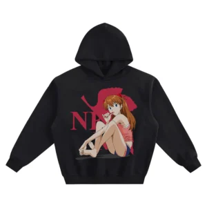 Asuka Langley Soryu Graphic Hoodie – NERV Lollipop Pose showing Asuka seated with a lollipop in front of the NERV insignia.