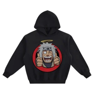 Jiraiya Graphic Hoodie – Halo Double Thumbs-Up Portrait featuring Jiraiya winking and grinning with both thumbs raised inside a red circle.